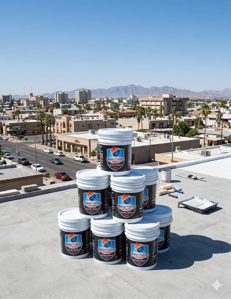 Pepsi buckets stacked in a pyramid formation on a rooftop with a cityscape and mountains in the background