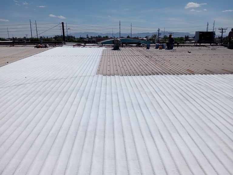 Industrial rooftop with white corrugated metal panels and weathered brown sections, mountains visible in distant background under clear sky