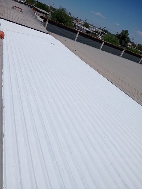 White corrugated metal roof on an industrial building with green trees and clear sky in the background