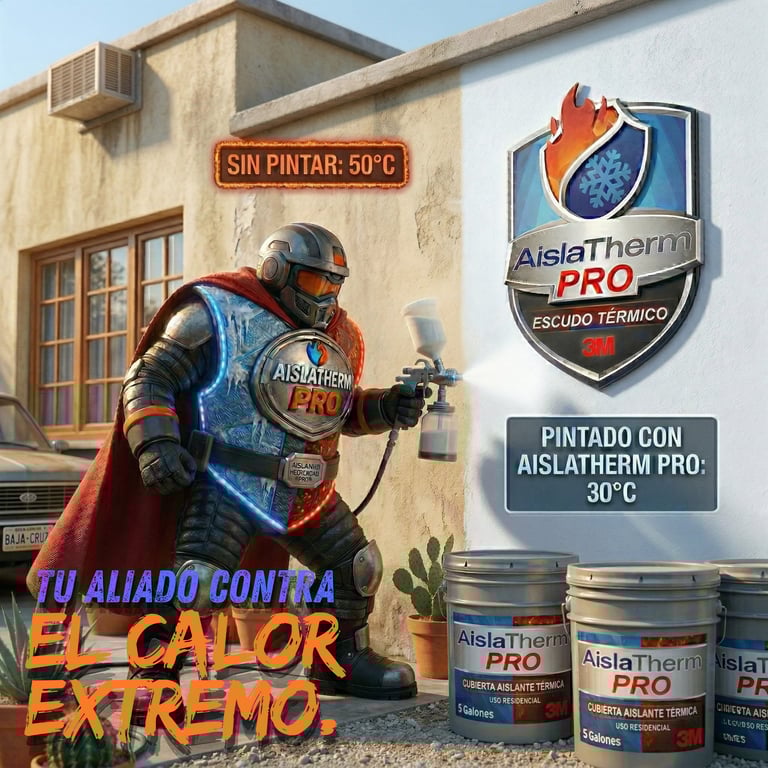 A worker in protective gear applies AislaTherm PRO thermal coating to a building wall in extreme heat conditions. Product cans and logo displayed.